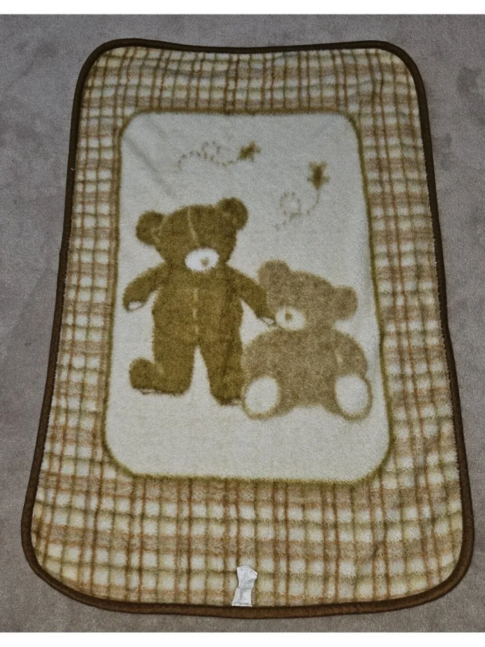 VTG Eddie Bauer Brown Teddy Bear Baby Blanket Bees Plaid Acrylic Blend 30x45